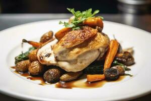 AI generated Plated chicken roast dinner on a white plate with carrot and morel mushroom. AI Generated. photo