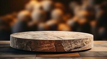 AI generated empty concrete natural stone podium for showing packaging and product on blurred background, copy space ,3d rendered photo