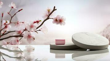 AI generated empty natural stone podium with flowers for showing packaging and product on blurred background, copy space ,3d rendered photo