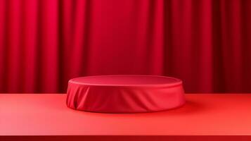 AI generated podium covered with red cloth cylinder pedestal product display background 3d illustration empty photo