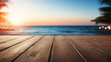 AI generated 3d rendered empty display wooden podium on the water Minimal scene for product display presentation photo