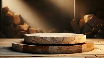 AI generated empty concrete natural stone podium for showing packaging and product on blurred background, copy space ,3d rendered photo