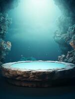 AI generated 3d rendered abstract empty display podium underwater made with stone Minimal scene for product display presentation photo