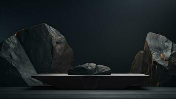 AI generated 3d rendered black empty Luxury natural stone podium for showing packaging and product on black background, copy space photo