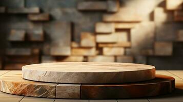 AI generated empty concrete natural stone podium for showing packaging and product on blurred background, copy space ,3d rendered photo