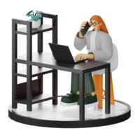 3D Illustration of a Teenage Female Programmer at the Computer Desk png