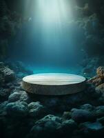 AI generated 3d rendered abstract empty display podium underwater made with stone Minimal scene for product display presentation photo