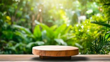 AI generated wooden product display podium with blurred nature leaves background Minimal scene for product display presentation photo