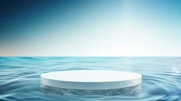 AI generated 3d rendered empty display glass podium on water Minimal scene for product display presentation photo