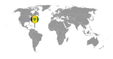 alfiler mapa con Vincent y el granadinas bandera en mundo mapa. vector ilustración.