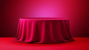 AI generated podium covered with red cloth cylinder pedestal product display background 3d illustration empty photo