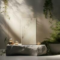 AI generated 3d rendered abstract empty display stone podium with leaves Minimal scene for product display presentation photo