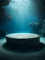 AI generated 3d rendered abstract empty display podium underwater made with stone Minimal scene for product display presentation photo