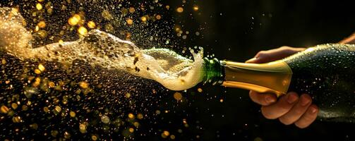 AI generated Celebration theme with splashing champagne. Christmas, New Year or Valentines day background. photo