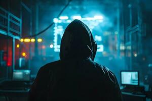 ai generado espalda ver de anónimo hacker concepto de ciberdelincuencia, ataque cibernetico, oscuro web. foto