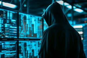 AI generated Back view of anonymous hacker. Concept of cybercrime, cyberattack, dark web. photo