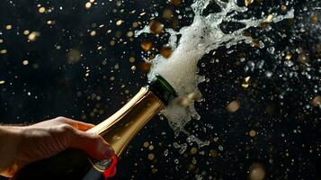 AI generated Celebration theme with splashing champagne. Christmas, New Year or Valentines day background. photo