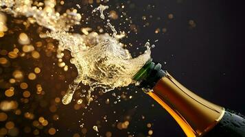 AI generated Celebration theme with splashing champagne. Christmas, New Year or Valentines day background. photo