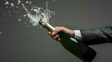 AI generated Businessman celebrates with splashing champagne. Christmas, New Year or Valentines day background. photo