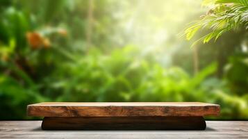 AI generated wooden product display podium with blurred nature leaves background Minimal scene for product display presentation photo