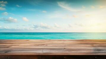 AI generated 3d rendered empty display wooden podium on the water Minimal scene for product display presentation photo