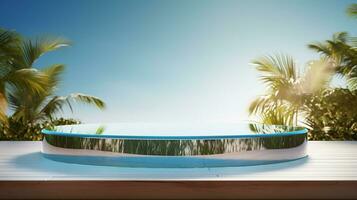 AI generated 3d rendered empty display glass podium on the water Minimal scene for product display presentation photo