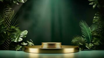 AI generated 3d rendered empty display elegant luxury green and gold theme podium with leaves Minimal scene for product display presentation photo