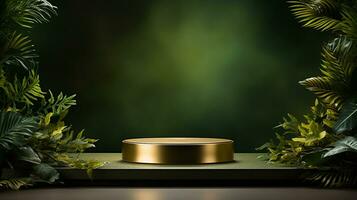 AI generated 3d rendered empty display elegant luxury green and gold theme podium with leaves Minimal scene for product display presentation photo