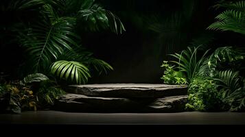 AI generated 3d rendered black empty Luxury natural stone podium with leaves for showing packaging and product on black background, copy space photo