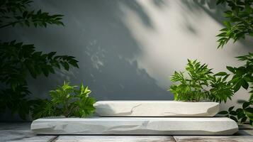 AI generated 3d rendered stone empty display podium with leaves Minimal scene for product display presentation photo