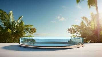 AI generated 3d rendered empty display glass podium on the water Minimal scene for product display presentation photo
