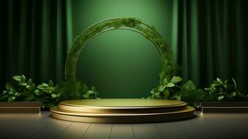 AI generated 3d rendered empty display elegant luxury green and gold theme podium with leaves Minimal scene for product display presentation photo