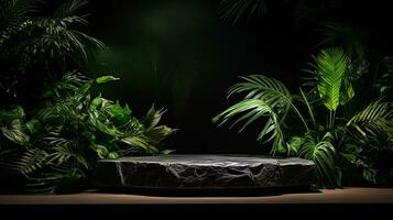 AI generated 3d rendered black empty Luxury natural stone podium with leaves for showing packaging and product on black background, copy space photo