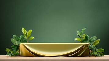 AI generated 3d rendered empty display elegant luxury green and gold theme podium with leaves Minimal scene for product display presentation photo