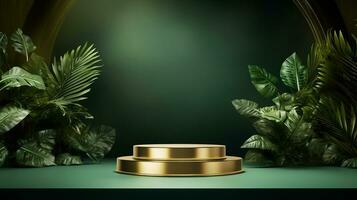 AI generated 3d rendered empty display elegant luxury green and gold theme podium with leaves Minimal scene for product display presentation photo