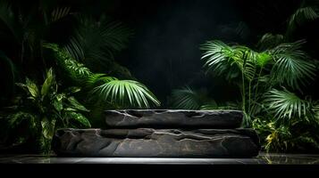 AI generated 3d rendered black empty Luxury natural stone podium with leaves for showing packaging and product on black background, copy space photo