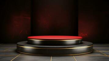 AI generated 3d rendered black and red empty display podium Minimal scene for product display presentation photo