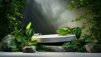 AI generated 3d rendered stone empty display podium with leaves Minimal scene for product display presentation photo