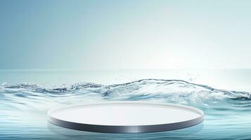 AI generated 3d rendered empty display glass podium on water Minimal scene for product display presentation photo