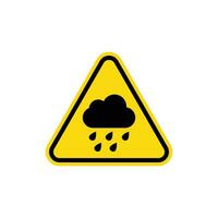 Rain warning sign. Yellow triangle sign with rain cloud icon inside. Risk of heavy rain and crash accidents. Caution wet and slippery road. Danger of flooding. vector