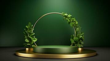 AI generated 3d rendered empty display elegant luxury green and gold theme podium with leaves Minimal scene for product display presentation photo