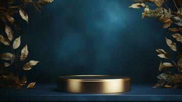 AI generated 3d rendered empty display blue and golden podium Minimal scene for product display presentation photo