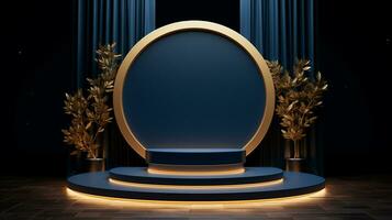 AI generated 3d rendered empty display blue and golden podium Minimal scene for product display presentation photo