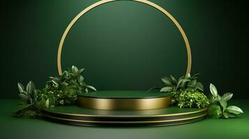 AI generated 3d rendered empty display elegant luxury green and gold theme podium with leaves Minimal scene for product display presentation photo