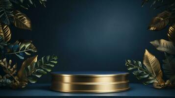 AI generated 3d rendered empty display blue and golden podium Minimal scene for product display presentation photo