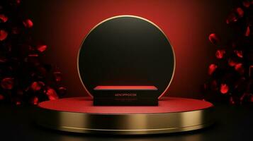 AI generated 3d rendered black and red empty display podium Minimal scene for product display presentation photo