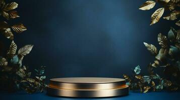 AI generated 3d rendered empty display blue and golden podium Minimal scene for product display presentation photo