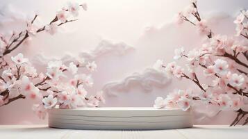 AI generated empty natural stone podium with flowers for showing packaging and product on blurred background, copy space ,3d rendered photo