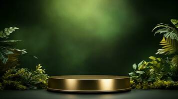 AI generated 3d rendered empty display elegant luxury green and gold theme podium with leaves Minimal scene for product display presentation photo