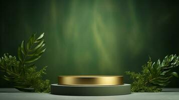 AI generated 3d rendered empty display elegant luxury green and gold theme podium with leaves Minimal scene for product display presentation photo